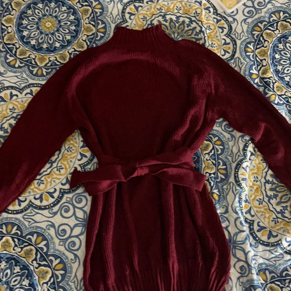 Burgundy sweater dress with matching belt
